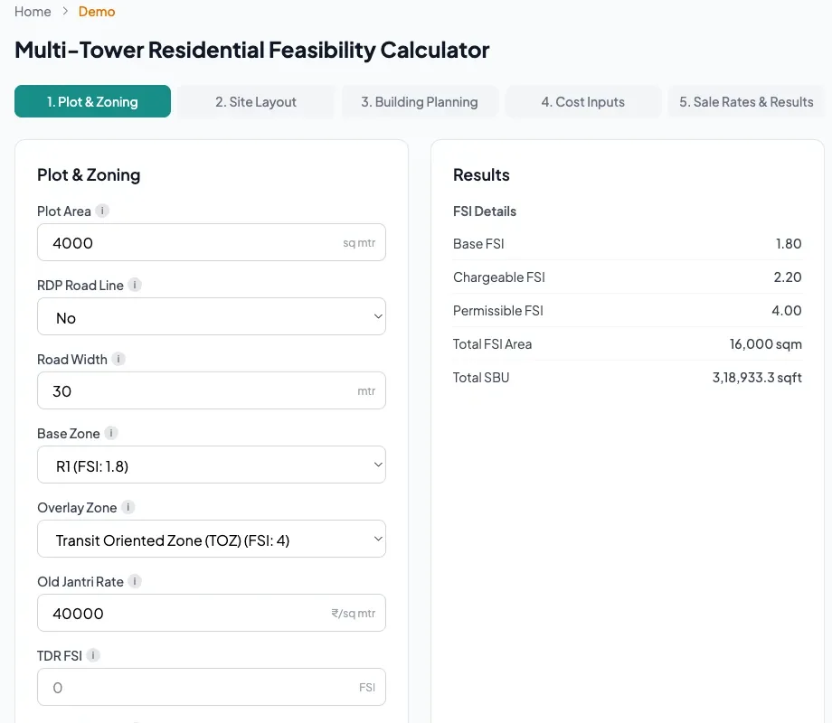 fsiMetrics Multi-Tower Residential calculator — plot and zoning inputs with live FSI results