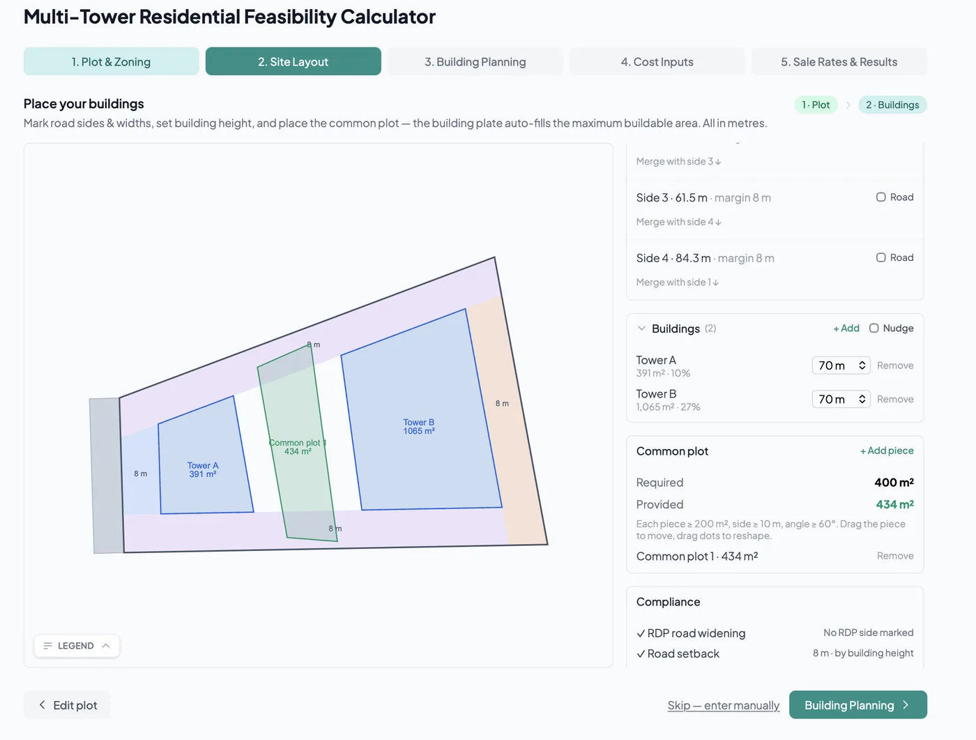 fsiMetrics site layout designer — plot with towers, common plot, road setbacks, and GDCR compliance checks